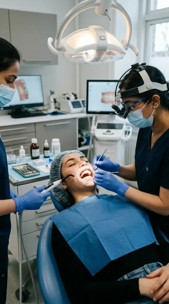 Dentist performing teeth whitening treatment in Vasant Vihar on Indian patient in modern dental clinic