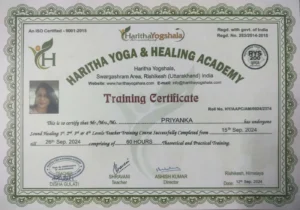 Dr. Priyannka Sound Healing Teacher Training certification from Haritha Yogshala Rishikesh Uttarakhand