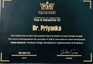 Dr. Priyannka receiving Multi Millionaire Coach Blueprint Practitioner Trainer certification in New Delhi