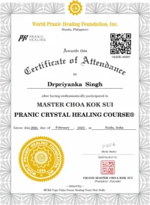 Dr. Priyannka certificate in Pranic Crystal Healing course from World Pranic Healing Foundation Noida
