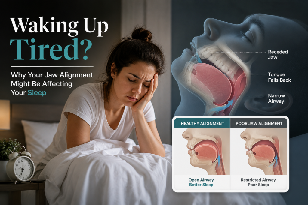 Waking Up Tired? Why Your Jaw Alignment Might Be Affecting Your Sleep 1 Jaw alignment and sleep illustration showing a tired person waking up, with the relationship between jaw position, tongue placement, airway restriction, and sleep quality.