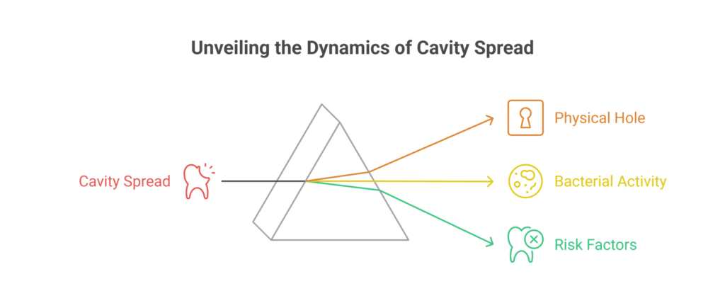 Diagram titled 'Unveiling the Dynamics of Cavity Spread' using a prism metaphor to break down cavity spread into three components: physical hole, bacterial activity, and risk factors.