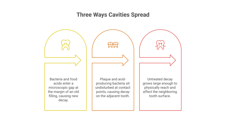 Infographic titled 'Three Ways Cavities Spread' outlining secondary decay at filling margins, plaque buildup at interdental contact points, and advanced decay physically extending to neighboring teeth.