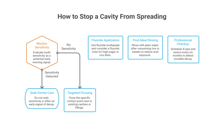Flowchart titled 'How to Stop a Cavity From Spreading' detailing actions based on tooth sensitivity alongside preventive steps: targeted flossing, fluoride use, post-meal water rinsing, and 6-month checkups.